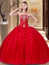 Captivating Sleeveless Floor Length Beading and Embroidery Lace Up Quinceanera Gown with Red
