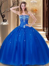 Simple Sleeveless Floor Length Beading and Embroidery Lace Up Quinceanera Dress with Royal Blue