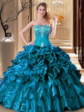 Popular Sweetheart Sleeveless Lace Up Ball Gown Prom Dress Teal Organza