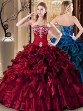 Affordable Wine Red Lace Up Quinceanera Gowns Embroidery and Ruffles Sleeveless Floor Length