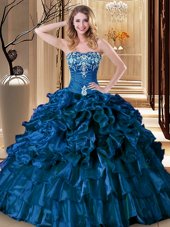 Nice Royal Blue Organza Lace Up Sweetheart Sleeveless Floor Length Sweet 16 Quinceanera Dress Embroidery and Ruffles