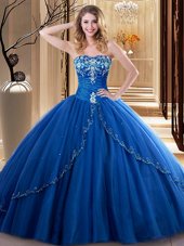 Classical Embroidery 15th Birthday Dress Royal Blue Lace Up Sleeveless Floor Length