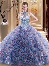 Romantic Halter Top Sleeveless Brush Train Lace Up With Train Beading Quinceanera Dresses