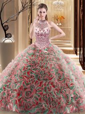 Wonderful Halter Top Multi-color Fabric With Rolling Flowers Lace Up Vestidos de Quinceanera Sleeveless With Brush Train Beading