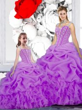 Straps Sleeveless Sweet 16 Dresses Floor Length Beading and Ruffles and Pick Ups Purple Organza