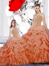 Elegant Straps Straps Orange Sleeveless Floor Length Beading and Ruffles and Pick Ups Lace Up 15th Birthday Dress