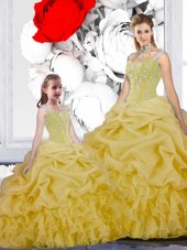 Fashionable Straps Straps Organza Sleeveless Floor Length Ball Gown Prom Dress and Beading and Ruffles and Pick Ups