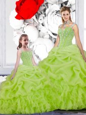 Fashionable Yellow Green Sleeveless Floor Length Beading and Ruffles and Pick Ups Lace Up Ball Gown Prom Dress