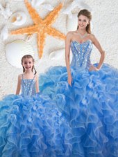 Clearance Baby Blue Ball Gowns Organza Sweetheart Sleeveless Beading and Ruffles Floor Length Lace Up Vestidos de Quinceanera