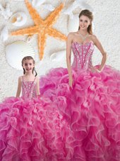 Inexpensive Hot Pink Sleeveless Organza Lace Up Sweet 16 Quinceanera Dress for Military Ball and Sweet 16 and Quinceanera