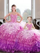 Hot Pink Sleeveless Beading and Ruffles Floor Length 15 Quinceanera Dress