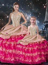 Designer Sleeveless Organza Floor Length Lace Up 15th Birthday Dress in Multi-color for with Beading and Ruffles
