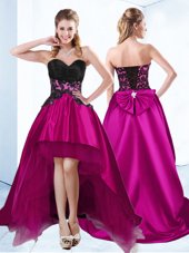Custom Fit High Low Lace Up Dress for Prom Fuchsia and In for Prom and Party with Appliques