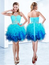 Sophisticated Blue Organza Lace Up Homecoming Dress Sleeveless Knee Length Beading and Ruffles and Ruching