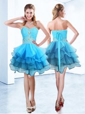 Ruffled Mini Length Ball Gowns Sleeveless Blue Hoco Dress Lace Up