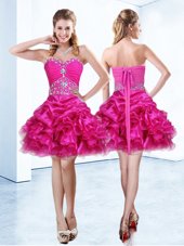 Cute Hot Pink Ball Gowns Beading and Ruffles and Pick Ups Juniors Party Dress Lace Up Organza Sleeveless Mini Length