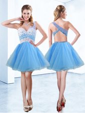 Luxury One Shoulder Knee Length A-line Sleeveless Baby Blue Prom Homecoming Dress Criss Cross