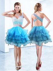 Sexy One Shoulder Aqua Blue Criss Cross Prom Gown Beading and Ruffled Layers Sleeveless Knee Length