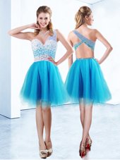 Beautiful Aqua Blue A-line One Shoulder Sleeveless Tulle Knee Length Criss Cross Beading Homecoming Dress