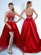 Comfortable High Low Red Prom Gown Halter Top Sleeveless Zipper