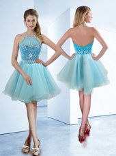 Dramatic Halter Top Knee Length Zipper Prom Gown Light Blue and In for Prom and Party with Beading