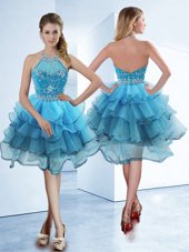 Sexy Ruffled A-line Dress for Prom Baby Blue Halter Top Organza Sleeveless Tea Length Zipper