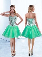 Dramatic Turquoise Organza Lace Up Party Dresses Sleeveless Knee Length Beading