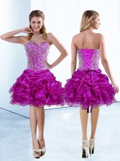 Vintage Fuchsia A-line Beading and Ruffles and Pick Ups Dress for Prom Lace Up Organza Sleeveless Knee Length