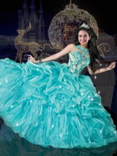 Deluxe Aqua Blue Ball Gowns Beading and Appliques and Pick Ups 15th Birthday Dress Lace Up Organza Sleeveless Floor Length
