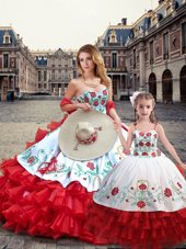 Stunning White And Red Lace Up Sweetheart Embroidery 15 Quinceanera Dress Organza and Taffeta Sleeveless