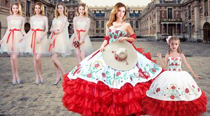 Eye-catching White And Red Ball Gowns Sweetheart Sleeveless Satin and Organza Floor Length Lace Up Embroidery Sweet 16 Dresses
