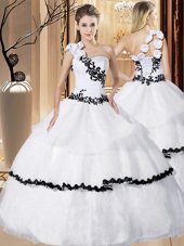 Elegant One Shoulder Appliques and Hand Made Flower Quinceanera Gown White Lace Up Sleeveless Floor Length