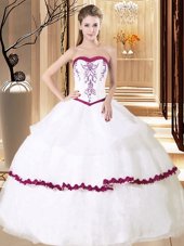 Fancy Embroidery and Ruffled Layers Sweet 16 Dress White And Red Lace Up Sleeveless Floor Length