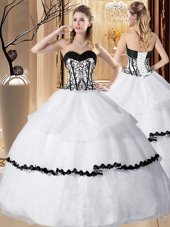 Smart Sleeveless Organza Floor Length Lace Up 15th Birthday Dress in White for with Embroidery and Ruffled Layers