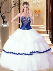 Clearance Ruffled Ball Gowns Quinceanera Dresses White and Royal Blue Strapless Organza Sleeveless Floor Length Lace Up