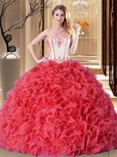 Lovely Strapless Sleeveless Lace Up Sweet 16 Quinceanera Dress Coral Red Fabric With Rolling Flowers