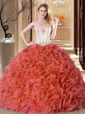 Cheap Orange Lace Up Quinceanera Gowns Embroidery and Ruffles Sleeveless Floor Length