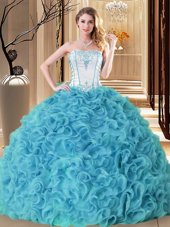 Graceful Floor Length Aqua Blue Ball Gown Prom Dress Fabric With Rolling Flowers Sleeveless Embroidery and Ruffles