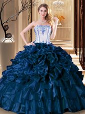 Delicate Organza Strapless Sleeveless Lace Up Pick Ups Quinceanera Gown in Navy Blue