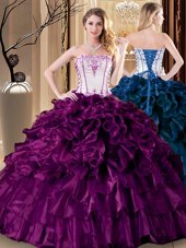 Popular Sleeveless Floor Length Pick Ups Lace Up Quince Ball Gowns with Purple