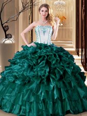 Nice Floor Length Lace Up Quinceanera Dress Turquoise and In for Military Ball and Sweet 16 and Quinceanera with Ruffles and Ruffled Layers
