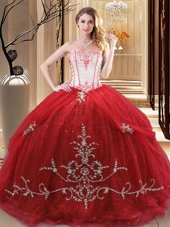 Fashionable Red Strapless Neckline Embroidery Sweet 16 Quinceanera Dress Sleeveless Lace Up