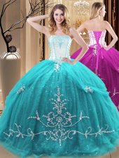 Strapless Sleeveless Lace Up Quinceanera Gown Aqua Blue Tulle