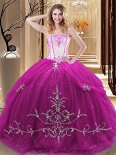 Fuchsia Ball Gowns Tulle Strapless Sleeveless Embroidery Floor Length Lace Up Sweet 16 Quinceanera Dress