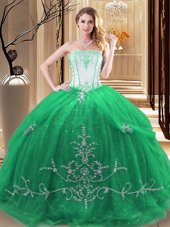 Discount Green Ball Gowns Tulle Strapless Sleeveless Embroidery Floor Length Lace Up Vestidos de Quinceanera