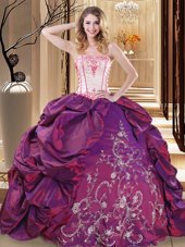 Fancy Purple Lace Up Strapless Embroidery Quince Ball Gowns Taffeta Sleeveless