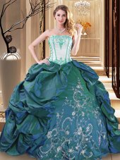 Designer Turquoise Ball Gowns Strapless Sleeveless Taffeta Floor Length Lace Up Embroidery and Pick Ups Sweet 16 Dress