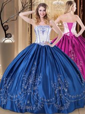 Best Selling Royal Blue Ball Gowns Strapless Sleeveless Taffeta Floor Length Lace Up Embroidery 15th Birthday Dress
