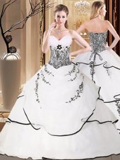 Hot Sale White Organza Lace Up Quince Ball Gowns Sleeveless Sweep Train Embroidery