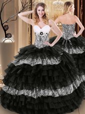 New Arrival Black Lace Up Sweetheart Ruffled Layers and Pattern Quinceanera Gowns Organza and Printed Sleeveless